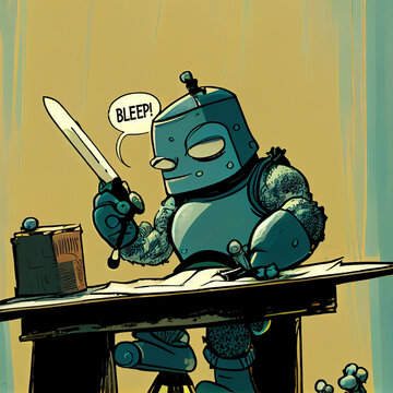 Retro style cartoon illustration of a grumpy and funny cyborg at a designers workstation. AI generated concept art. 