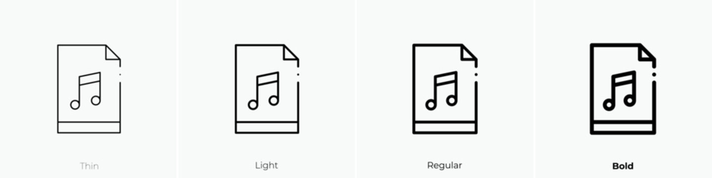 music file icon. Thin, Light Regular And Bold style design isolated on white background