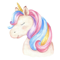 Unicorn portrait in profile watercolour illustration, rainbow animal. Kid watercolor character. © Ann Lou