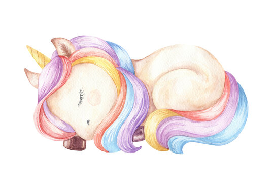 Sleeping baby unicorn portrait in profile watercolour illustration, rainbow animal. Kid watercolor character.
