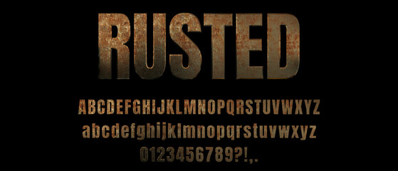 Rusted metal font design with uppercase lowercase letters and numbers, bold typeface, rust texture alphabet for poster, banner or website