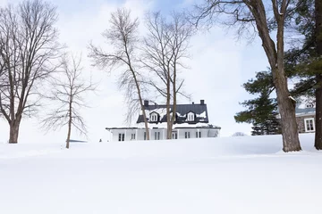 Poster Pretty low angle landscape with patrimonial presbytery on snowy hill surrounded by bare trees in the Cap-Rouge area of Quebec City during a winter day, Quebec City, Quebec, Canada © Anne Richard