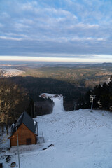 Panoramic view from the top of Dzikowiec Mountain, in Boguszow-Gorce near Walbrzych in Poland. Popular viewing tower.