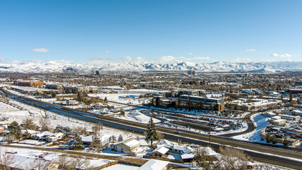 Aerial View of the Sparks, Reno Nevada area after a recent snowstorm.