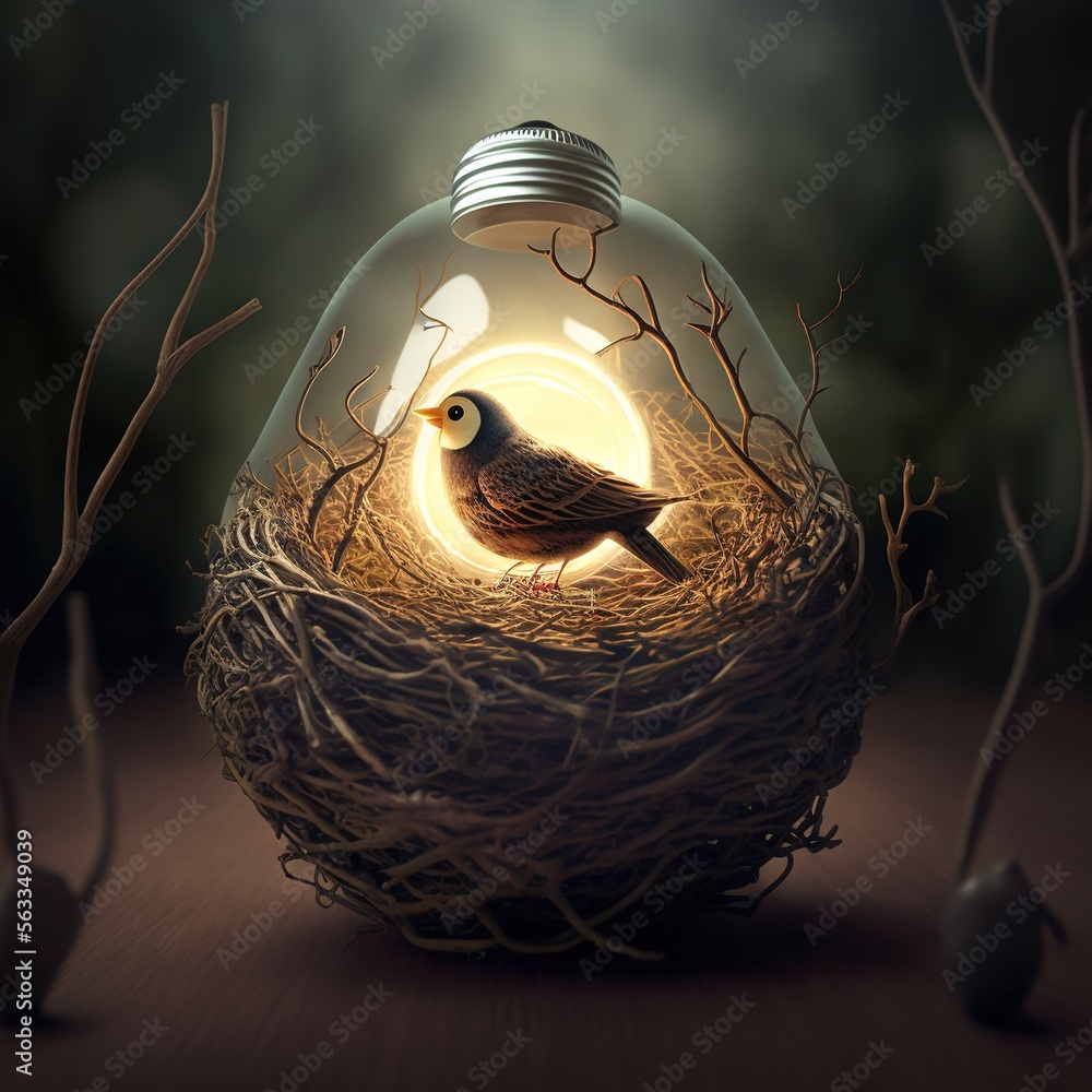 Poster a bird sitting in a nest inside a light bulb with a light on it's side and a light bulb above it tha