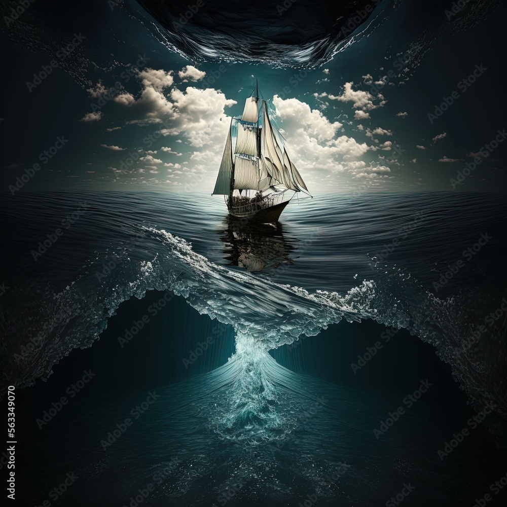 Poster a boat floating in the ocean with a sky background and clouds above it, with a full moon in the sky 