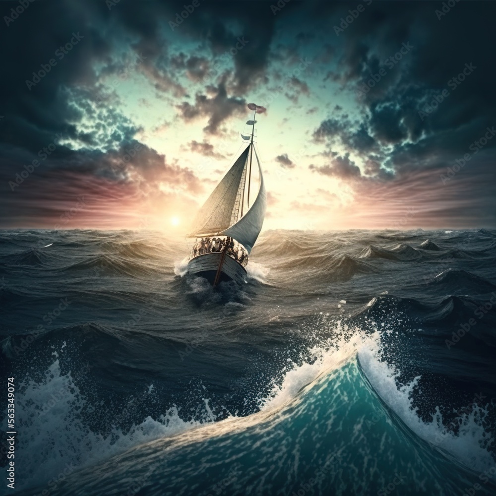 Poster a boat in the ocean with a sky background and clouds above it, with a sun setting behind it, and a w