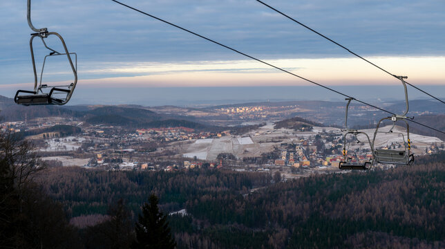 Panoramic view from the top of Dzikowiec Mountain, in Boguszow-Gorce near Walbrzych in Poland. Cable car . Popular viewing tower. Cityscape of Walbrzych
