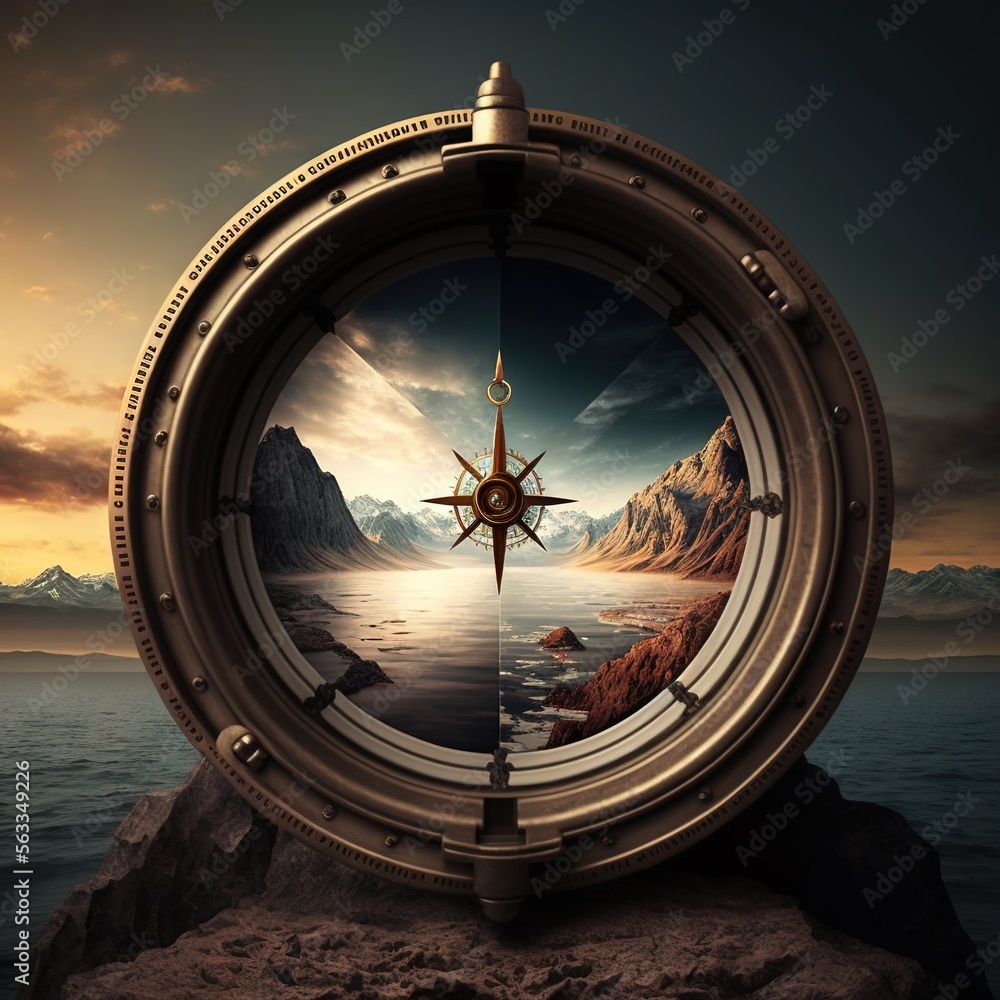 Poster a compass on a rock with a view of a mountain lake and a mountain range in the background with a sun