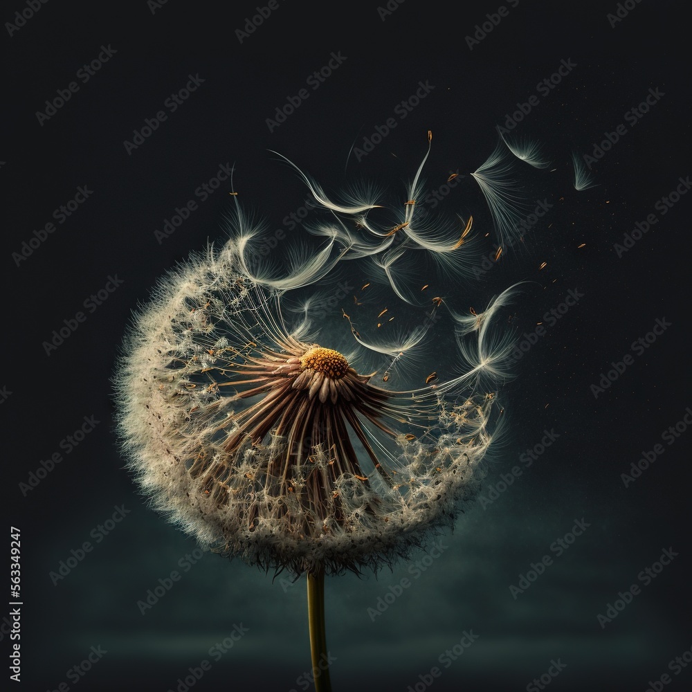 Poster a dandelion with flying seeds in the dark sky with a dark background and a black background with a w