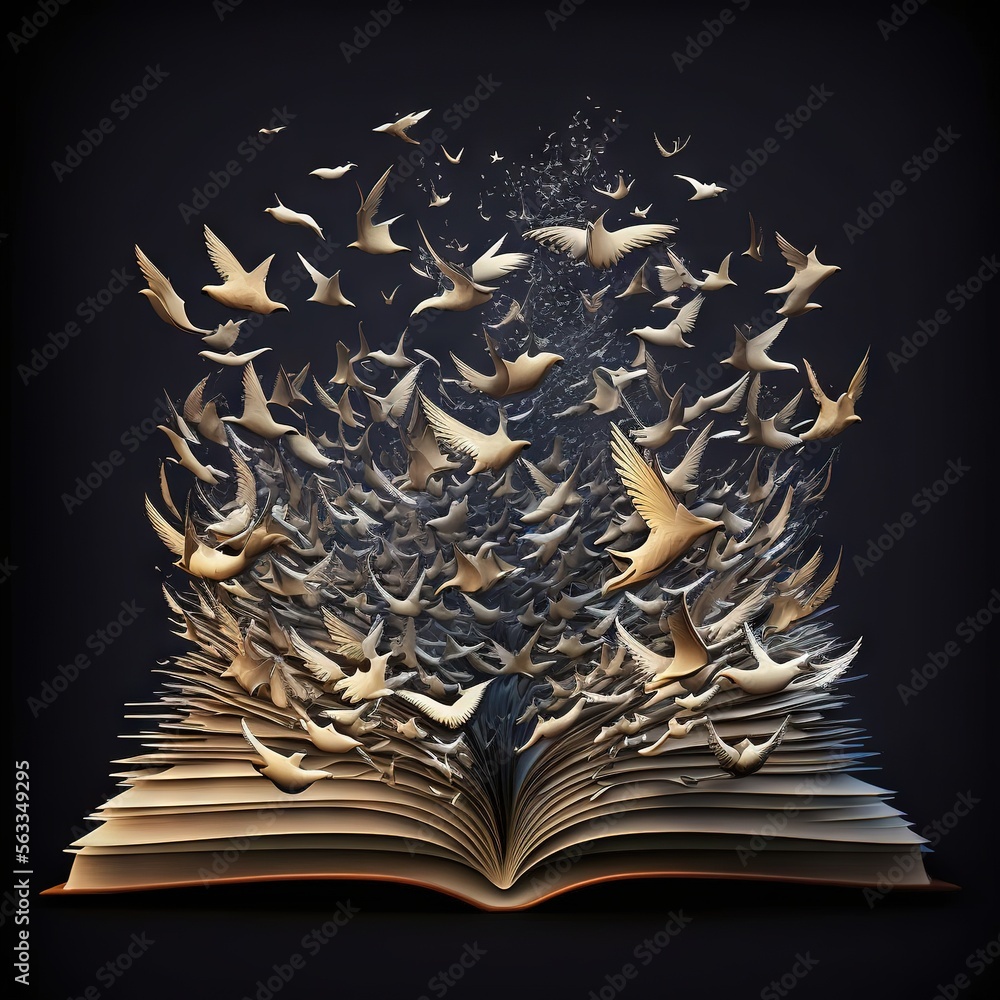 Poster a book with a flock of birds flying over it and a black background with a black background and a bla