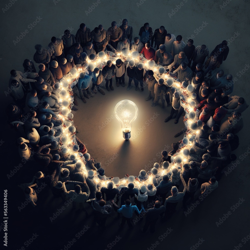 Aufkleber a group of people standing in a circle with a light bulb in the middle of it and a crowd of people s