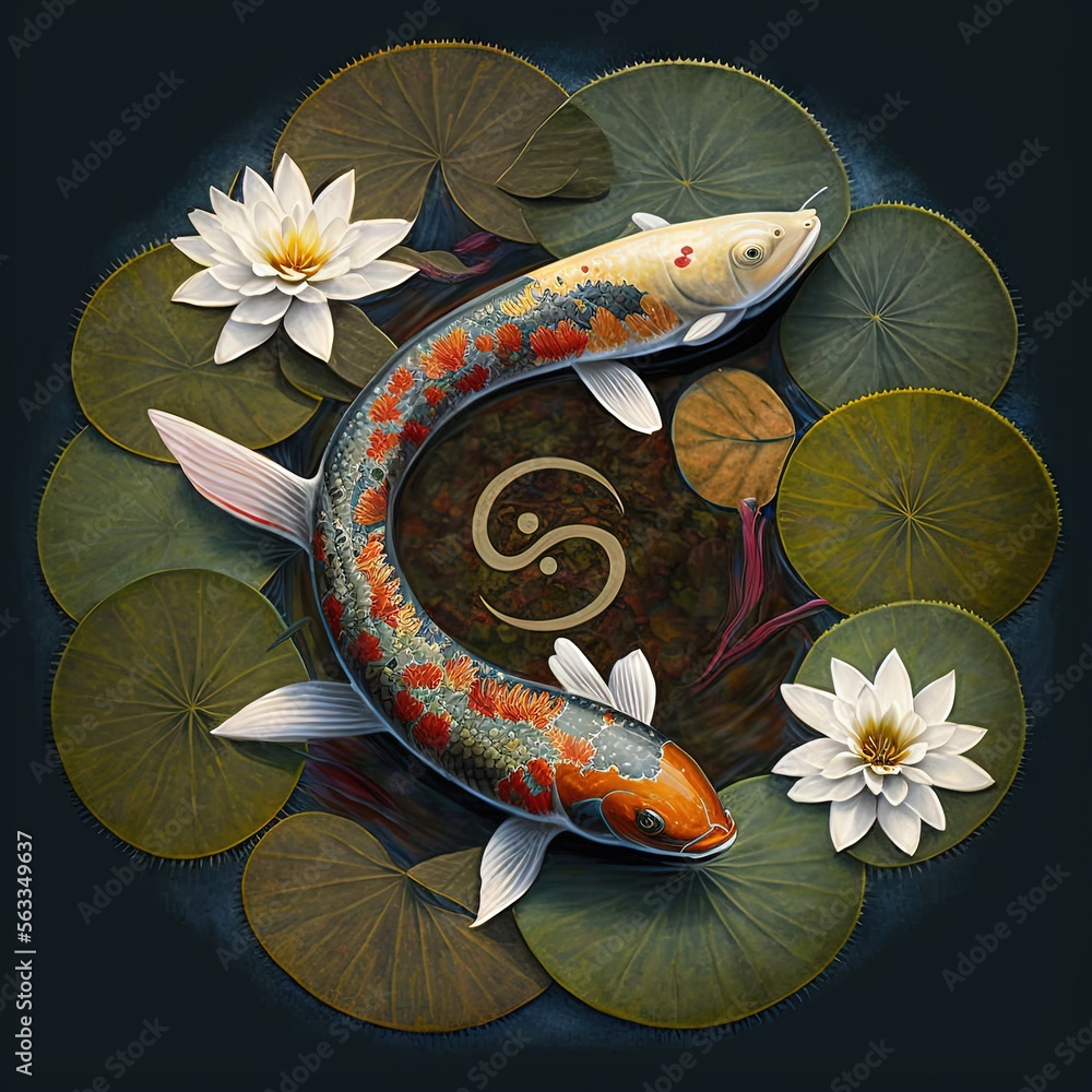 Poster a painting of a fish and lily pads in a pond with a symbol on it's side and a white flower in the mi