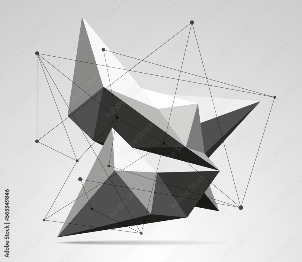 Poster volume geometric shape, lines and points, 3d crystal, abstraction low polygons object, vector design
