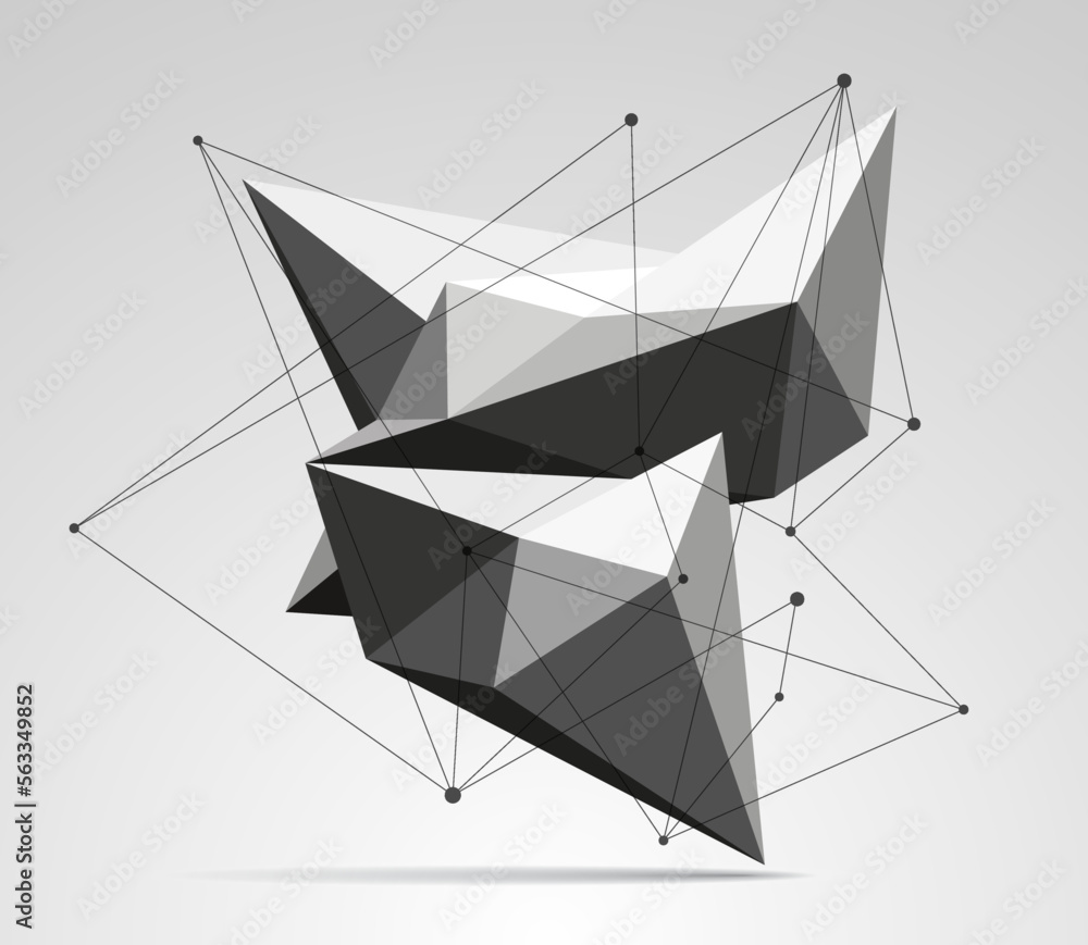 Poster volume geometric shape, lines and points, 3d crystal, abstraction low polygons object, vector design