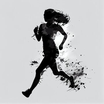 silhouette of a girl running, exercising, black and white, generative ai