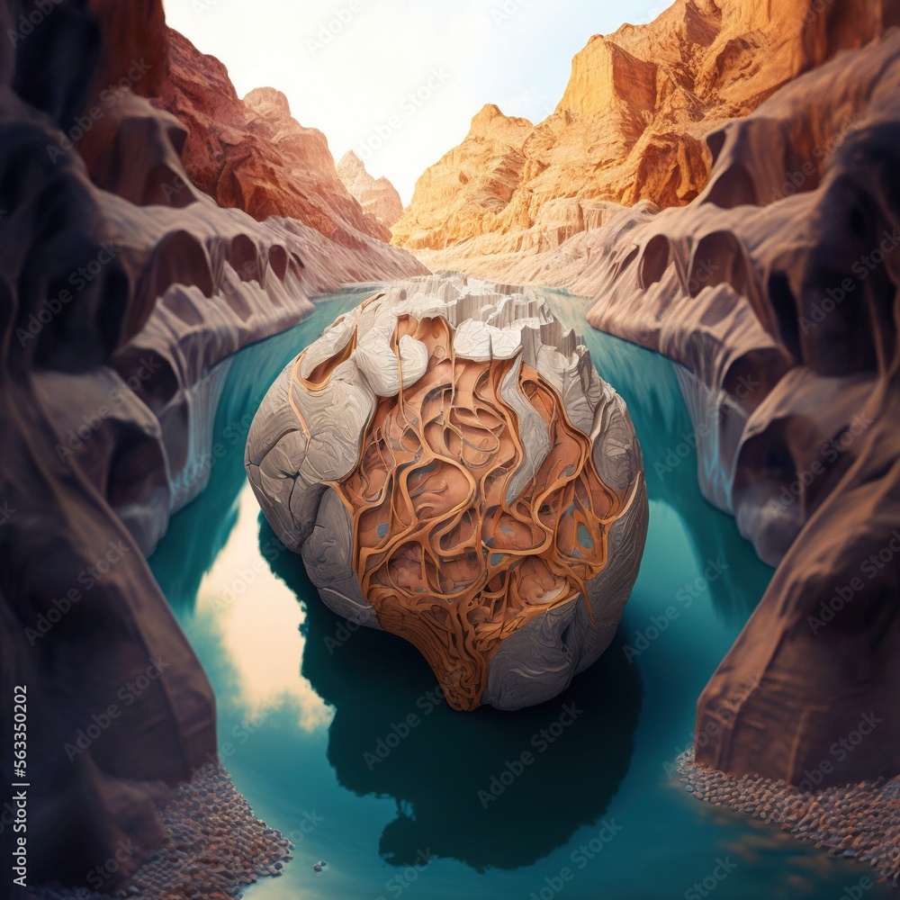 Poster a rock with a brain on it in a river surrounded by mountains and rocks with a sky background and a b