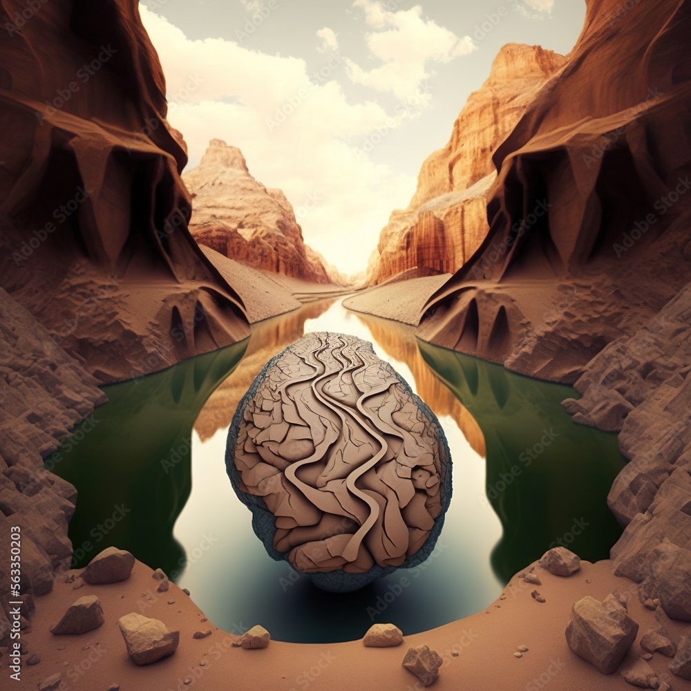 Poster a surreal image of a rock with a brain in it's center surrounded by water and rocks, with a canyon i