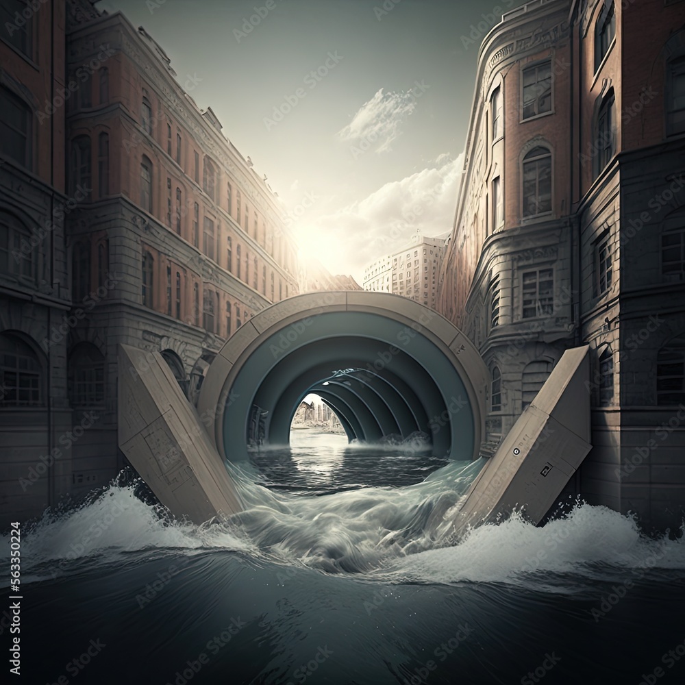 Poster a tunnel in the middle of a river with a boat coming out of it and a building in the background with