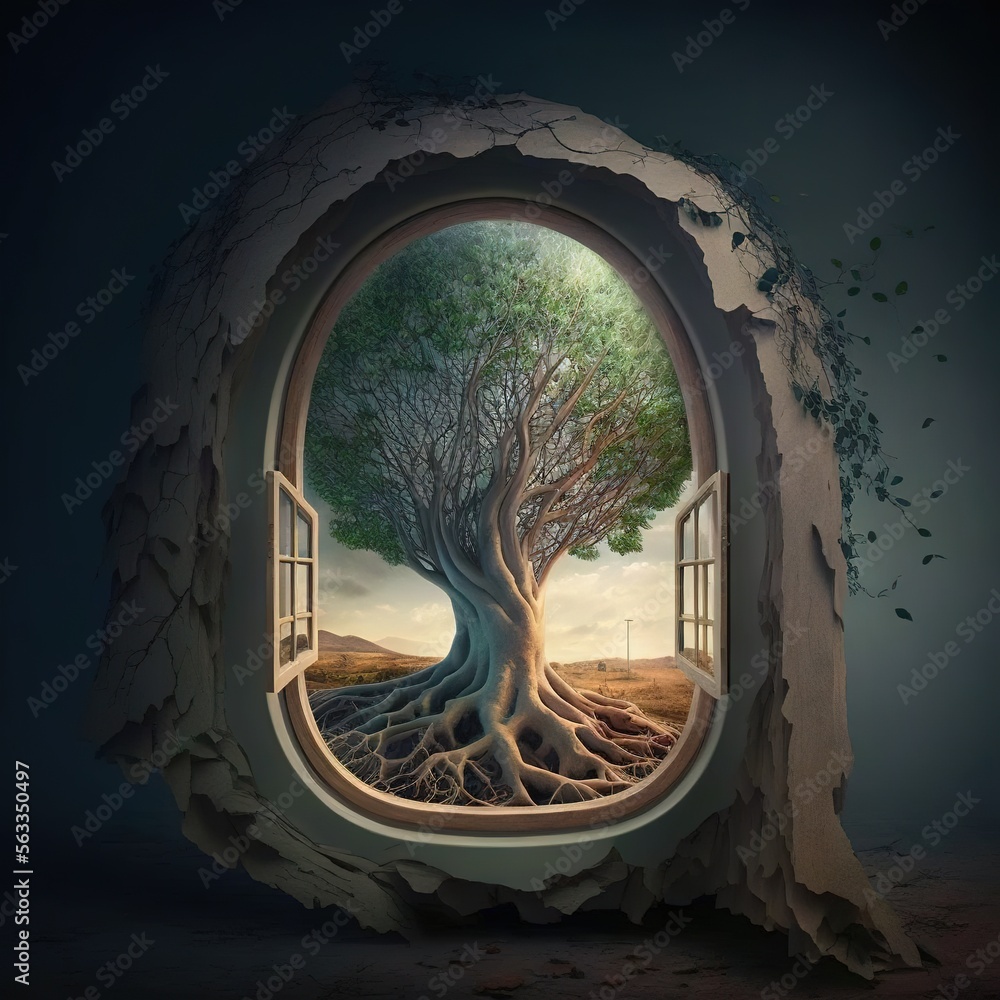 Poster a tree with a window and a tree inside of it with roots growing out of it and a window opening to an