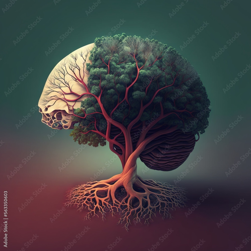 Poster a tree with a large brain and a smaller tree with a smaller brain in it's center, with a green backg