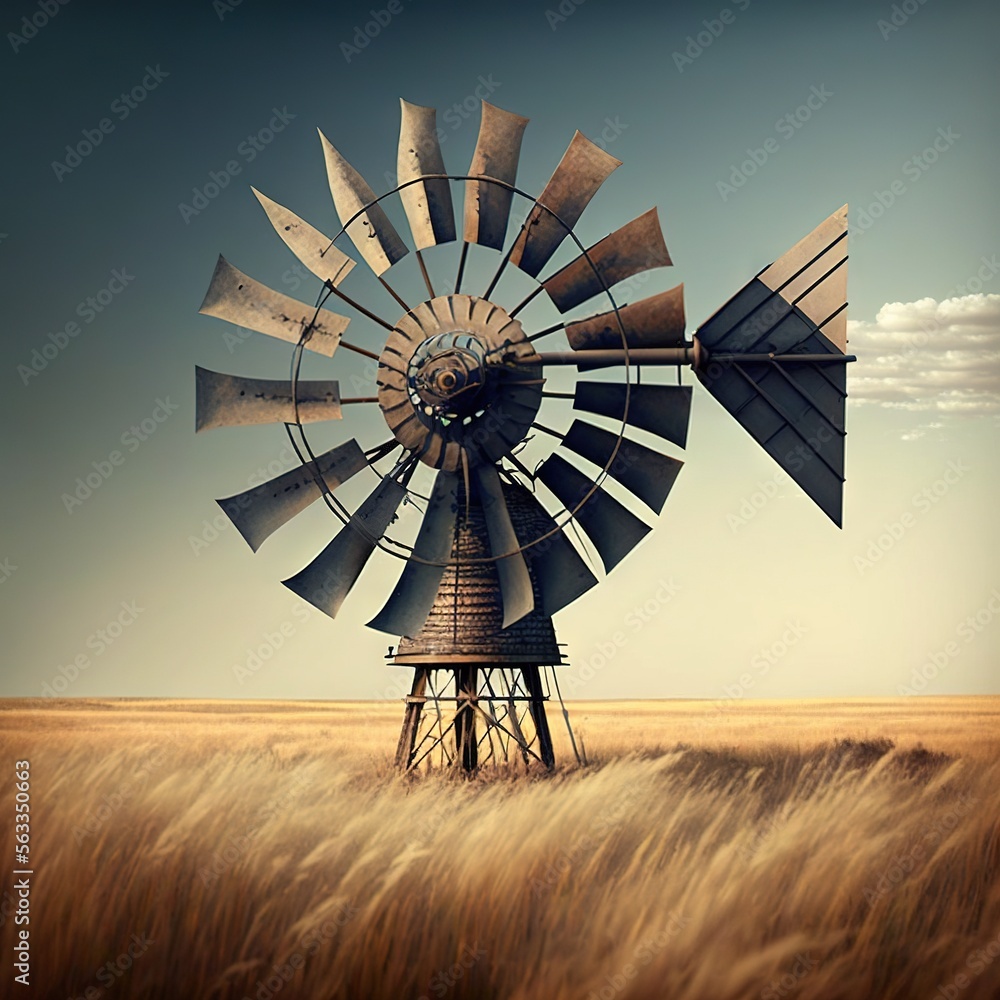 Poster a windmill in a field of tall grass with a sky background and a few clouds in the sky above it, with