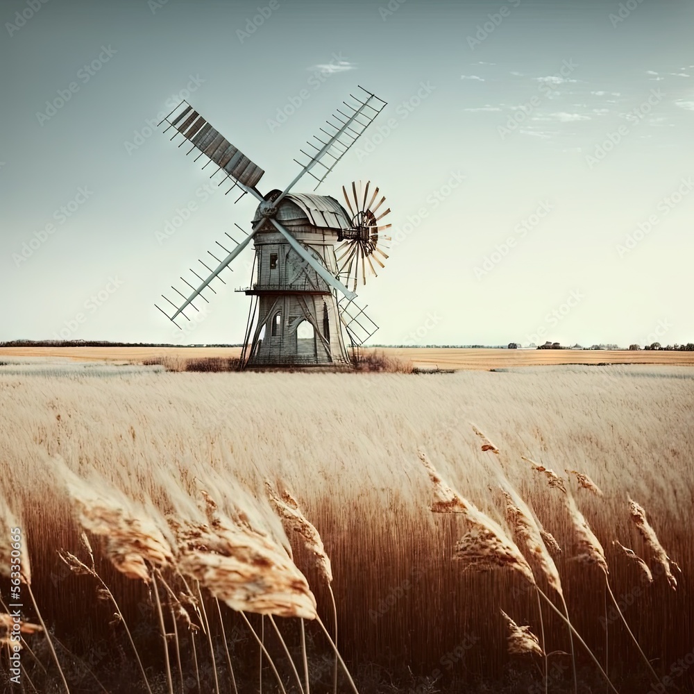 Poster a windmill in a field of wheat with a sky background and a few clouds in the sky above it, with a fe