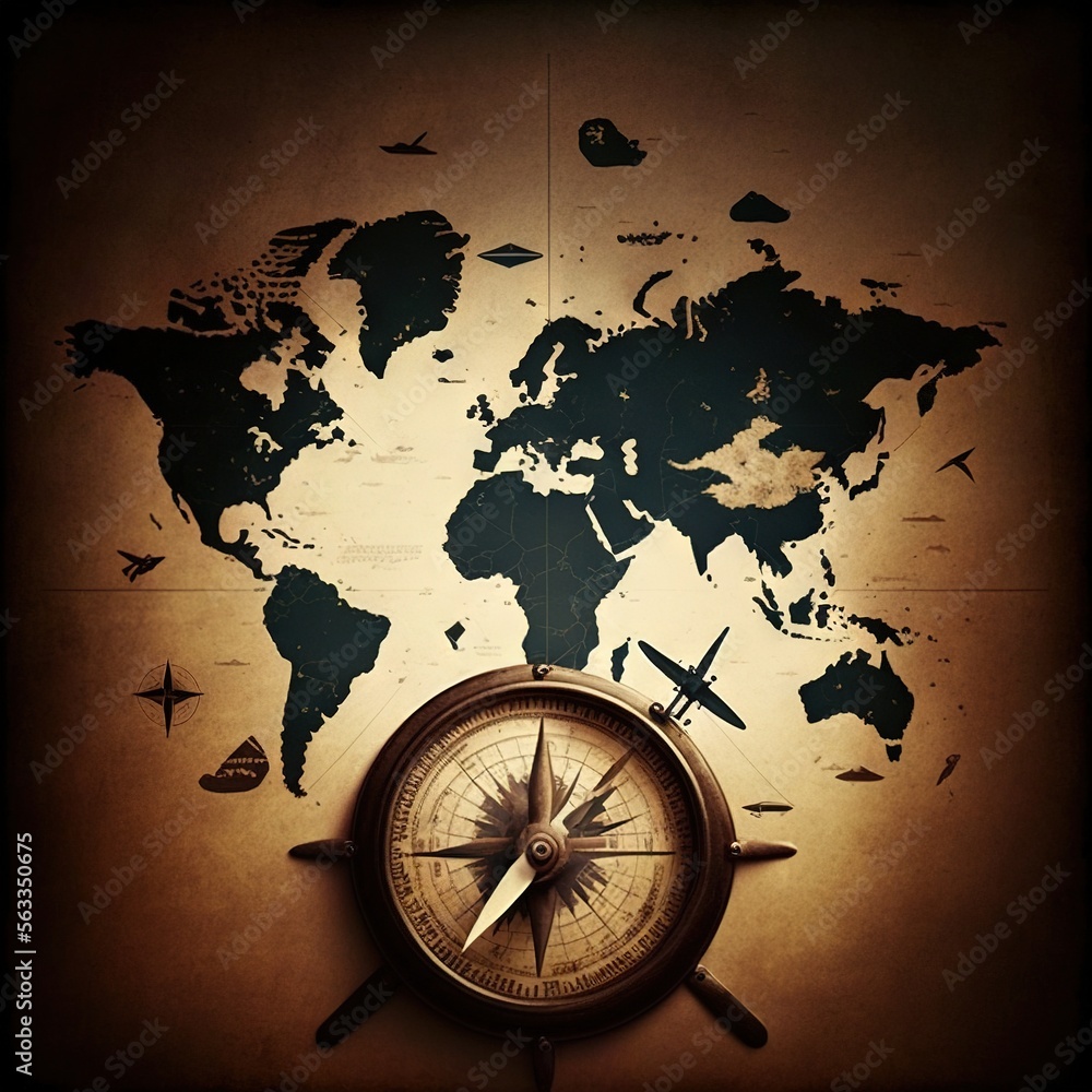 Poster a compass and a map on a wall with a light shining on it and a shadow of a world map on the wall beh
