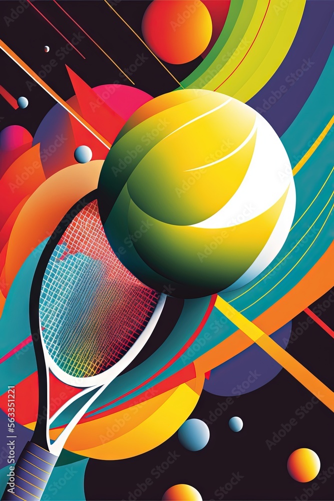 Poster a tennis racket with a colorful background and a space theme in the background is a multicolored ima