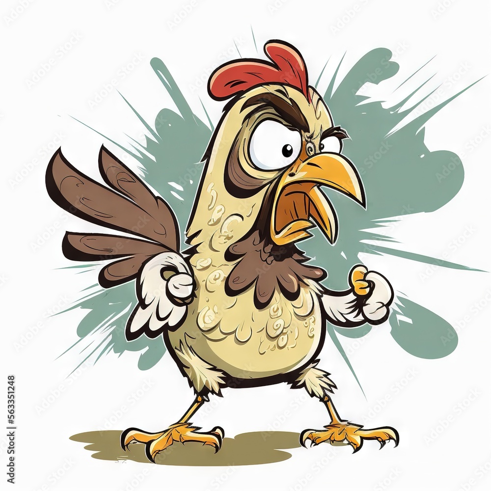 Poster a cartoon chicken with a red hat and a big beak is standing and looking at something with a surprise