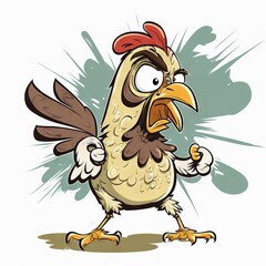  a cartoon chicken with a red hat and a big beak is standing and looking at something with a surprised look on his face and eyes, with a gruby expression, on a. Generative AI - obrazy, fototapety, plakaty