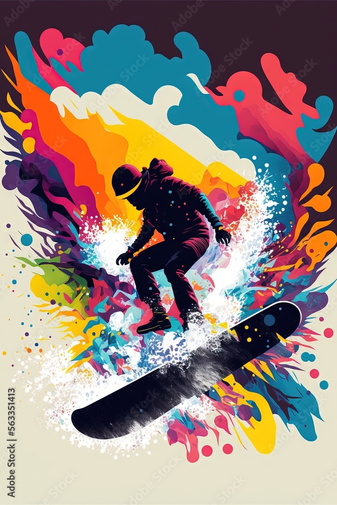 Poster a man riding a snowboard on top of a colorful wave of paint on a white background with a black frame