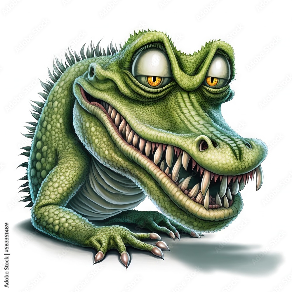 Poster a green alligator with its mouth open and teeth wide open, with a white background and a white backg