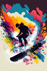  a man riding a snowboard on top of a colorful wave of paint on a white background with a black frame and a black background with a black border and white border with a red, Generative AI - obrazy, fototapety, plakaty