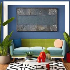 Mid-century modern living room with geometric patterns and pops of color2, Generative AI