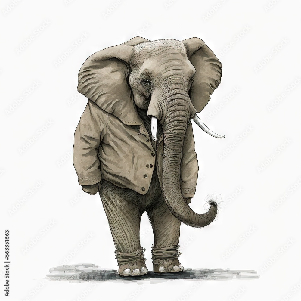 Poster an elephant with a jacket on standing in front of a white background with a white background behind 