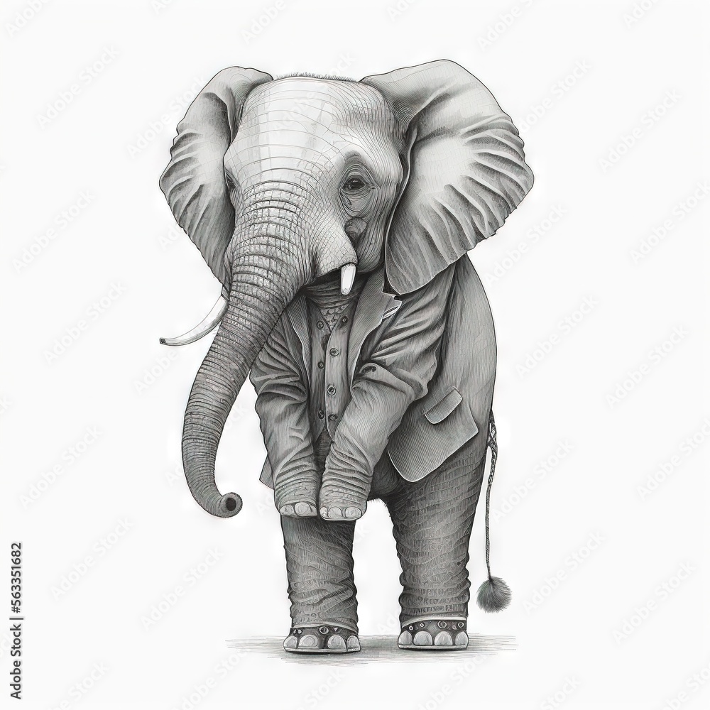 Poster a drawing of an elephant with a tusk and tusks on it's head and trunk, standing in front of a white 