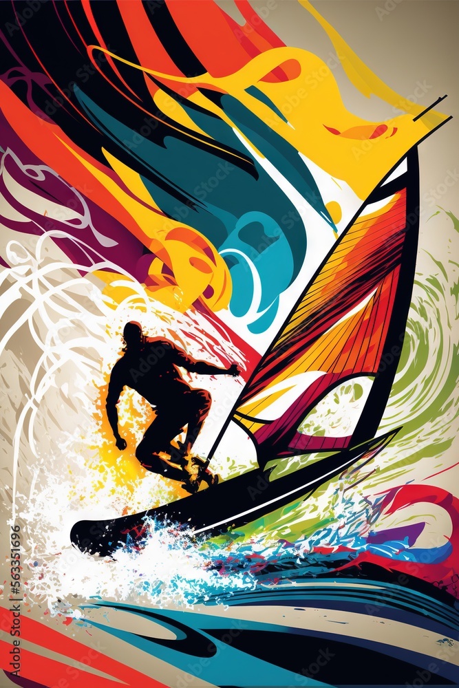 Poster a man riding a sailboard on top of a wave in the ocean with colorful waves behind him and a sailboat