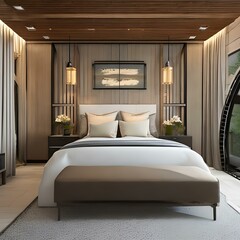 Zen-inspired master bedroom with neutral colors and natural materials3, Generative AI