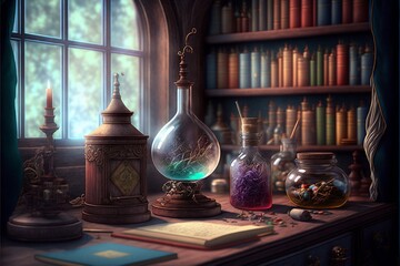 wizards school room magical books floating. Generative Ai