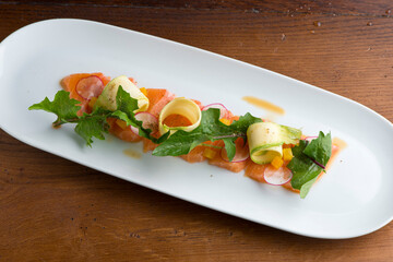 Sashimi sushi. Classic Traditional Japanese cuisine. Raw fish-salmon tuna, mackerel, fluke, bass--sliced very thin and served with a variety of garnishes pickled ginger and wasabi and sauces. 