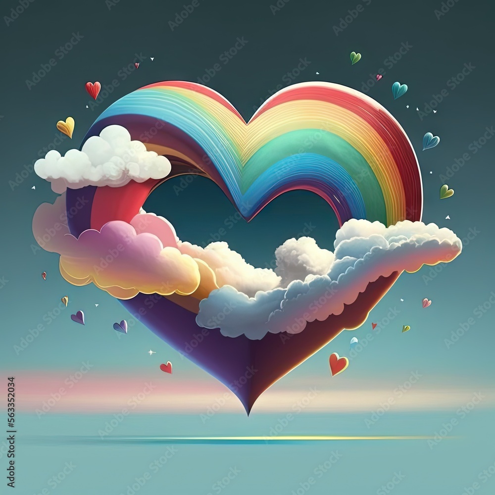 Poster a heart shaped cloud with a rainbow in the middle of it and hearts floating around it on a blue back