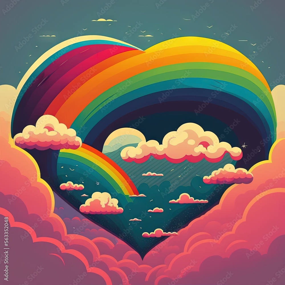 Poster a heart shaped rainbow with clouds and a rainbow in the background with a rainbow in the middle of t