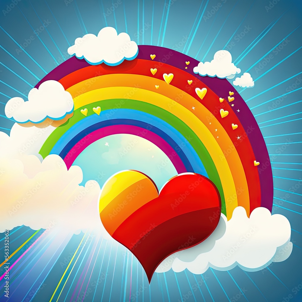 Poster a rainbow with a heart and clouds in the sky with a rainbow in the background with hearts and clouds