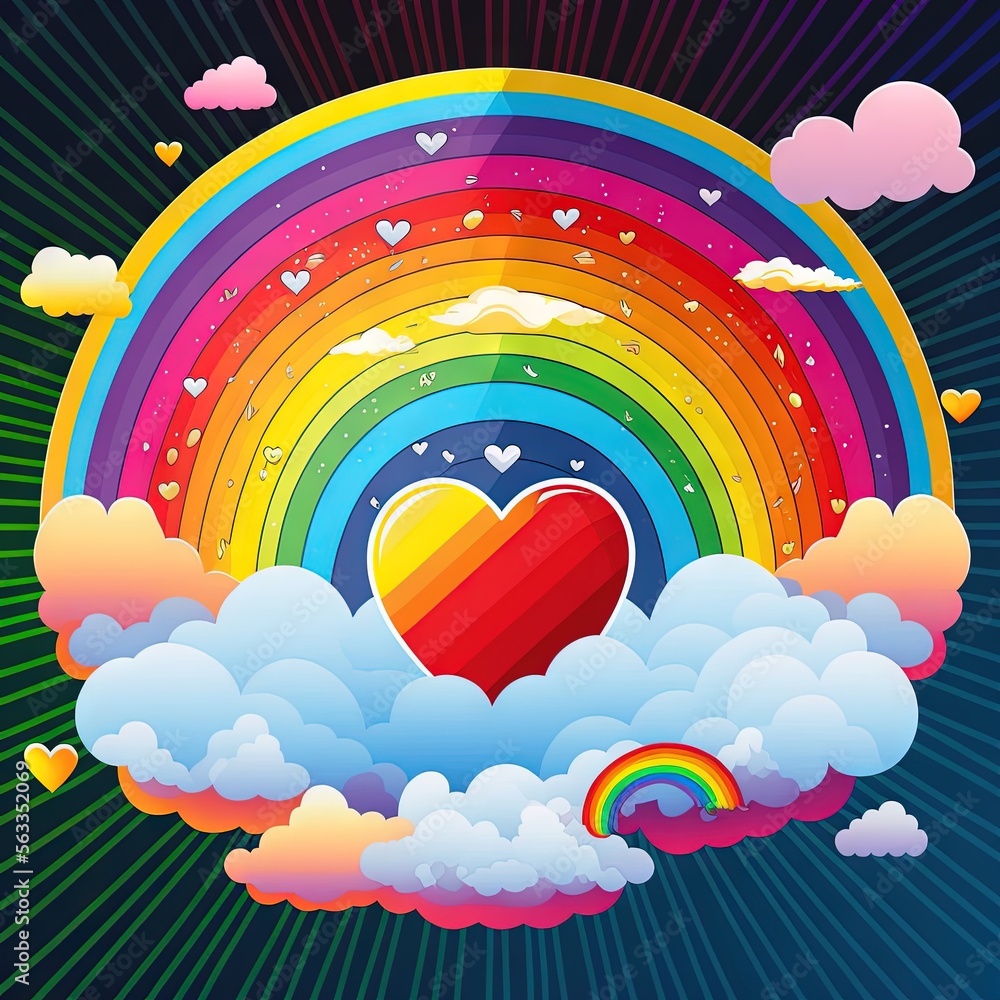 Poster a rainbow with a heart in the clouds and hearts floating in the sky above it, with a rainbow in the 