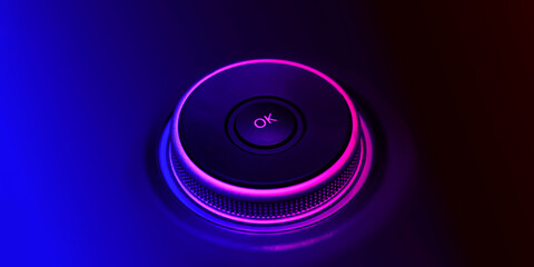 Round joystick with OK button in the middle. Dark blue background, neon lighting.