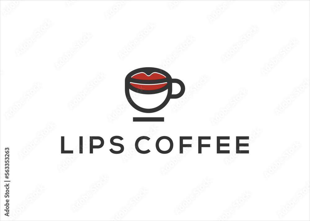 Sticker cup coffee with lips kiss smile logo design vector illustration