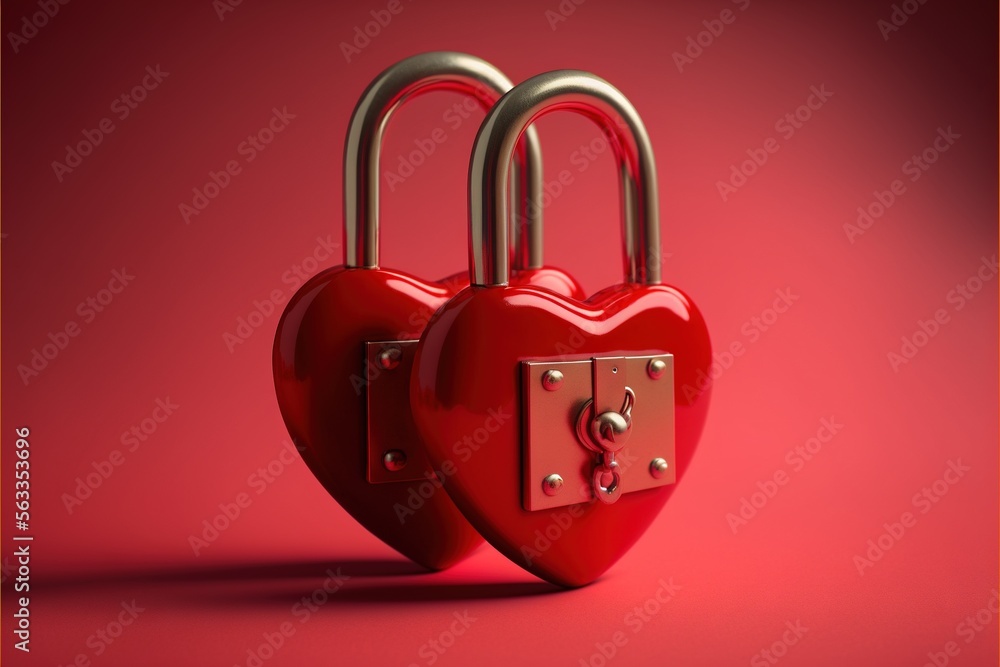 Poster two red hearts locked with a lock on a red background with a red background and a red background wit