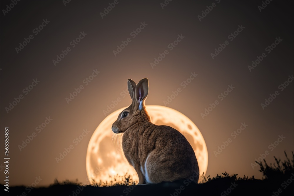 Poster a rabbit sitting in the grass with a full moon in the background at night time with a full moon in t
