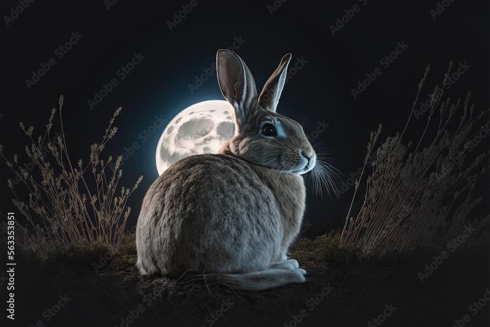 Poster a rabbit sitting in the grass with a full moon in the background and grass in the foreground, with a